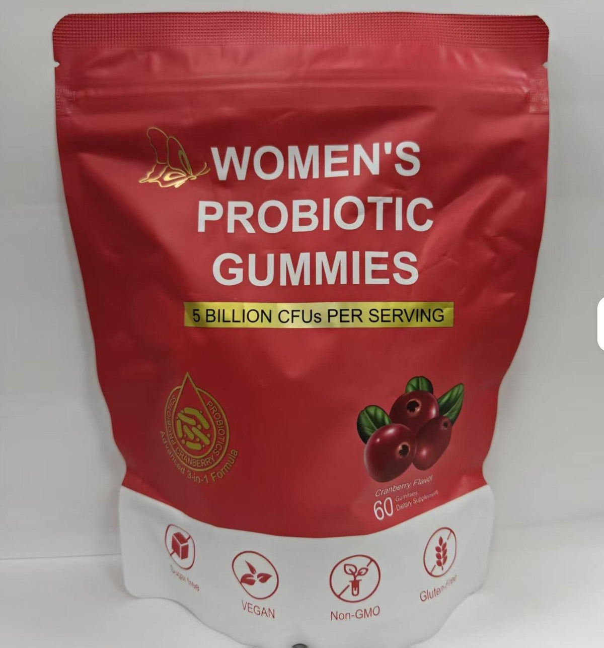 Women's probiotic gummies pouch, cranberry flavor, 5 billion CFUs, 60 gummies